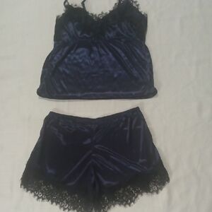 Elegant Navy Blue Lace Trim Sleepwear Set